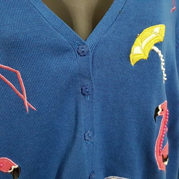 Jack B Quick Women's Cardigan Sweater Large Blue Flamingos Umbrellas Beaded - Picture 6 of 12
